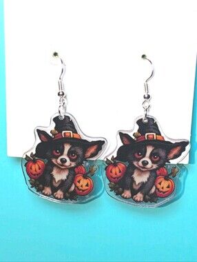 Hand Crafted Black Chihuahua Witch Earrings with Orange Pumpkins